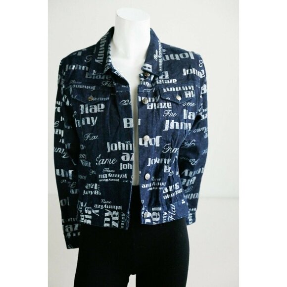 Vintage Johnny Blaze Flame Dark Denim All Over Print Women's Jacket M - Picture 3 of 12